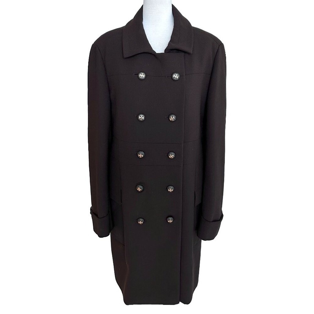 Tory Burch Brown Double Breasted Wool Blend‎ Coat Gold Logo Buttons Size 12